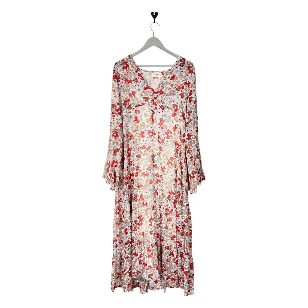 Natural Life Floral Bell Sleeve V-Neck Tiered Maxi Dress Red Orange Cream XL